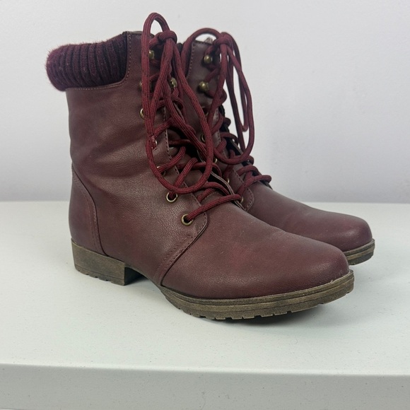 Just Fab Nyaling Knit Cuff Lace Up Combat Burgundy Faux Leather Boots Size 9 - Picture 2 of 10